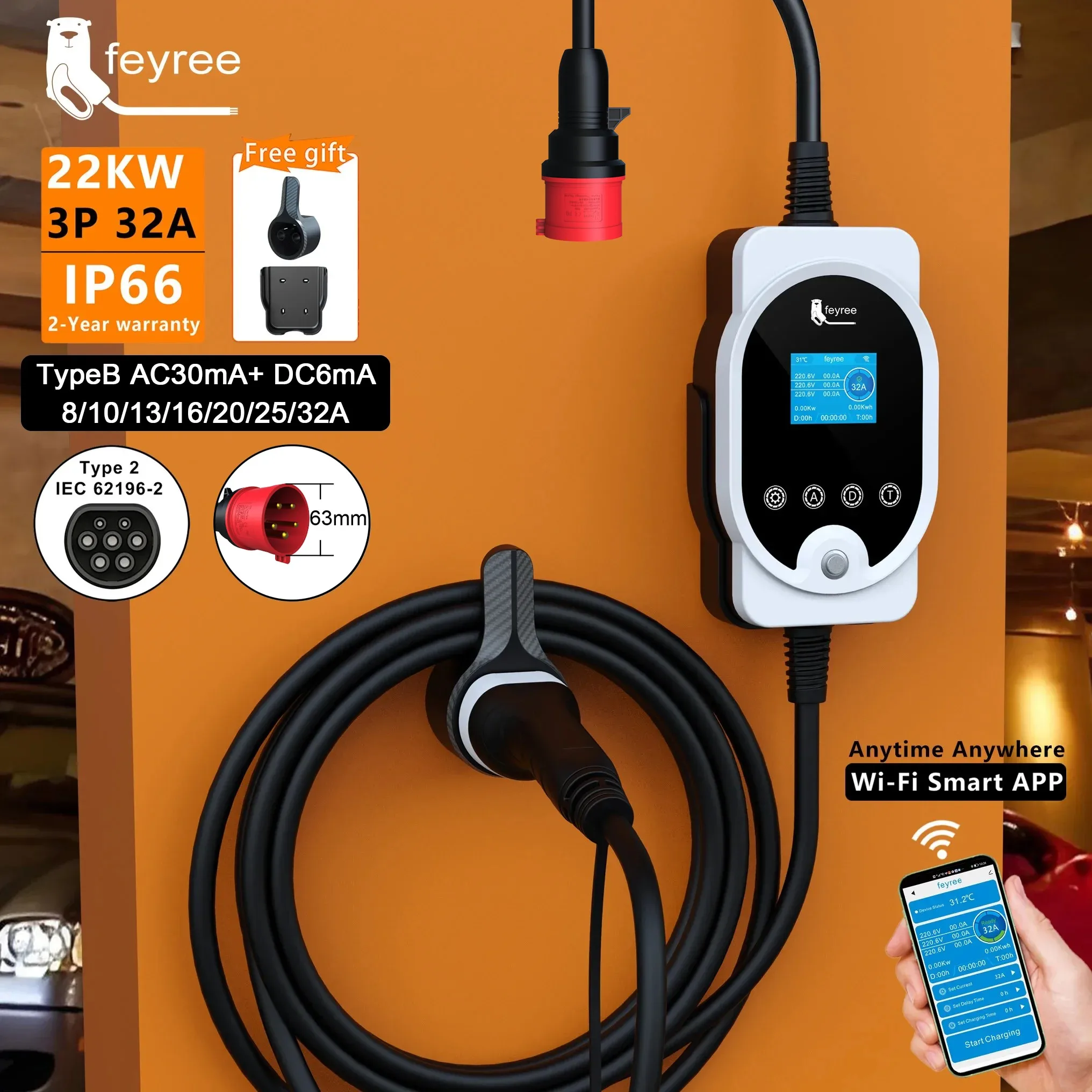 Ev Charger Type 2 22Kw 32A 3 Phase - Feyree 22KW Type 2 Kabel EVSE